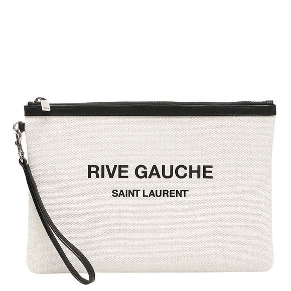 Saint Laurent Rive Gauche Canvas Clutch | YSL Pouch Black Leather Trim Wristlet - Picture 2 of 9